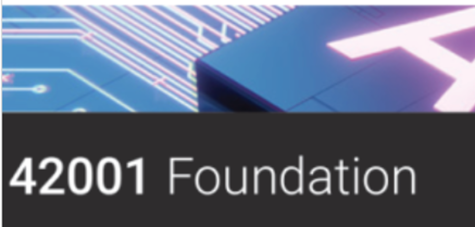 ISO/IEC 42001 Foundation (Self-study) in white on black background with blue and purple circuit board pattern.