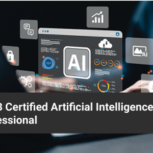 Person at laptop displaying PECB Certified AI Professional (CAIP) Self-Study interface with icons visible.