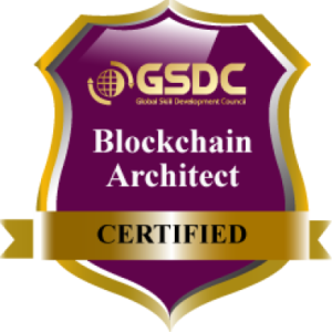 Purple and gold badge with text: Certified Blockchain For Business Professional CERTIFIED.