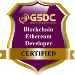 Purple and gold badge with text: Certified Blockchain For Business Professional CERTIFIED.