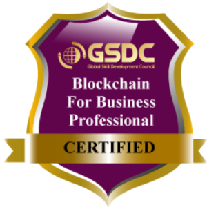 Purple and gold badge with text: Certified Blockchain For Business Professional CERTIFIED.