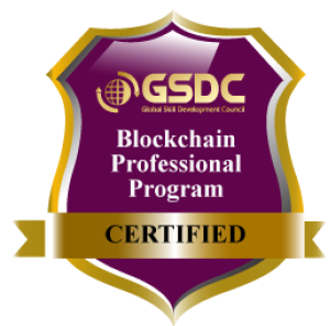Purple and gold badge with text: Certified Blockchain For Business Professional CERTIFIED.