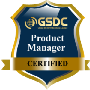 Shield-shaped badge with gold and navy blue colors, displaying the text: Certified Product Manager.