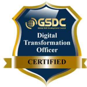 Digital Transformation Officer Certification badge in gold and blue, with text: "Digital Transformation Officer".