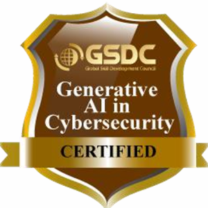 Gold and brown certification badge with ribbon, text: "Generative AI in Cybersecurity Certified".