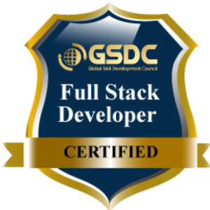 Gold and blue badge with ribbon at bottom, text: Full Stack Developer