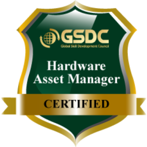 Gold and green badge with ribbon at bottom, text: Hardware Asset Manager