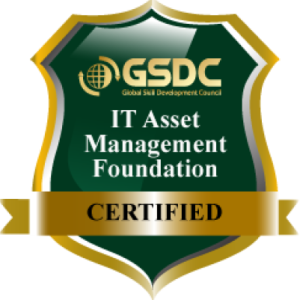 Gold and green badge with ribbon at bottom, text: IT Asset Management Foundation