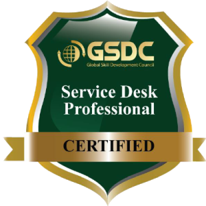 Gold and green badge with ribbon at bottom, text:Service Desk Professional