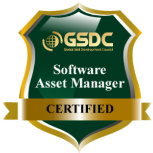 Gold and green badge with ribbon at bottom, text: Software Asset Manager