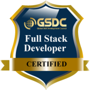 Gold and blue badge with ribbon at bottom, text: Full Stack Developer