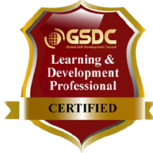 Gold and red badge with ribbon at bottom, text: Learning & Development Professional