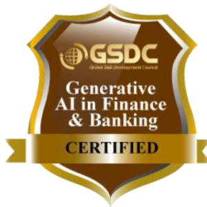 Gold and brown badge with ribbon at bottom, text: Generative AI in Finance & Banking