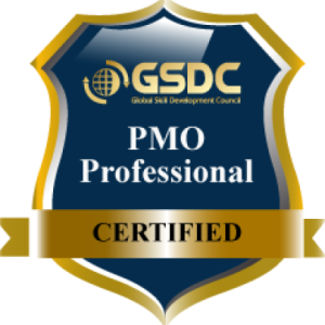 Certified PMO Professional badge with gold and blue shield design.