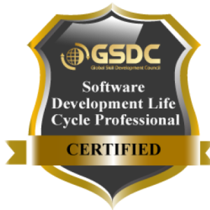 GSDC gold shield badge with text: Certified Software Development Life Cycle (SDLC) Professional.