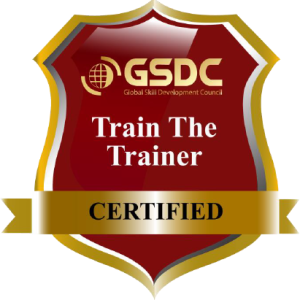 Gold and red badge with ribbon at bottom, text: Certified Train The Trainer.