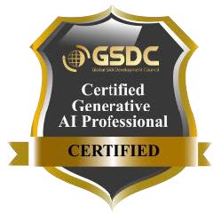 Certified Generative AI Professional badge, gold and black shield with ribbon, official certification emblem.