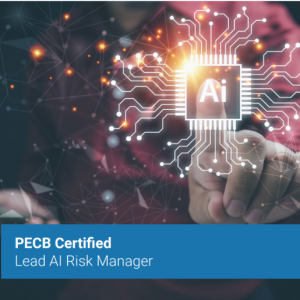 Person pointing at digital AI chip; text below reads "PECB Certified Lead AI Risk Manager (Self-Study)".