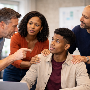 Group of people having discussion, an image used for Bystander Intervention