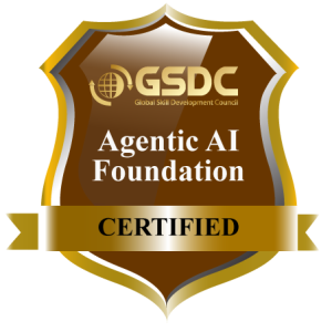 Gold and brown badge with ribbon displays "GSDC Agentic AI Foundation CERTIFIED" in bold letters.