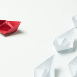 Red paper boat labeled “Change Management” stands separate from six white boats on white background.