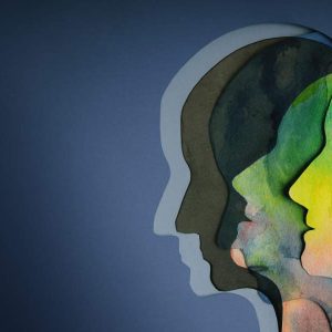 Three gray human profiles with watercolor accents; text: Improving Self Awareness - Self Study course.
