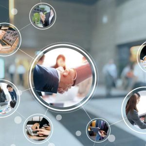 Business people shake hands amid icons, promoting “Media And Public Relations - Self Study”.