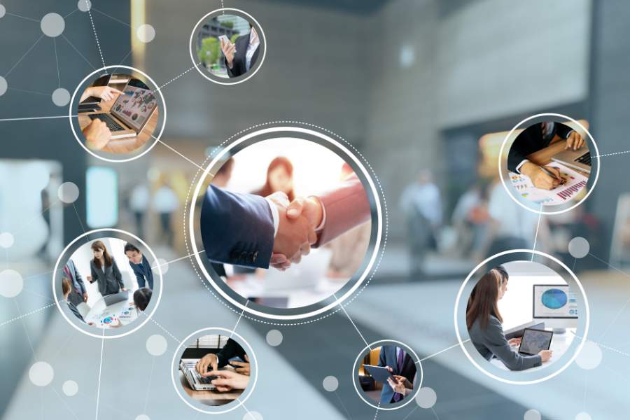 Business people shake hands amid icons, promoting “Media And Public Relations - Self Study”.